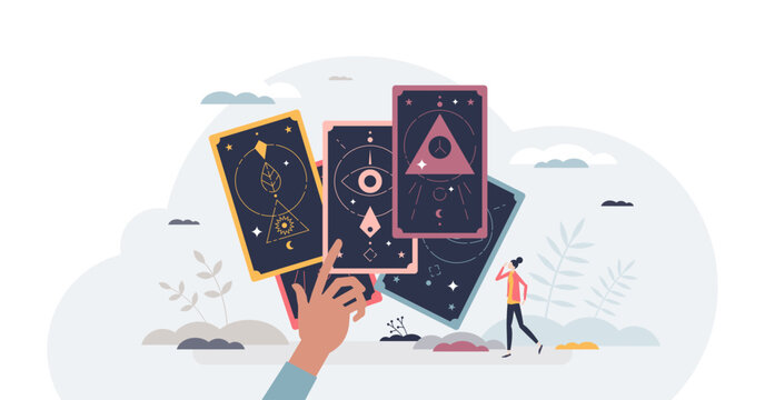 Tarot cards for future prediction and spiritual process tiny person concept, transparent background. Magic astrology elements for destiny seeing and love, health or wellness forecasting illustration.
