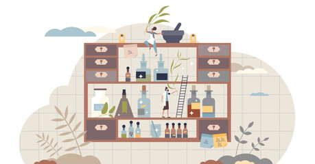 Apothecary and alternative medicine or pharmacy pill shop tiny person concept, transparent background. Mixing herbal elixir, painkillers or drugs in vintage bottles illustration.
