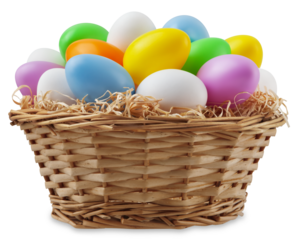 happy Easter decoration, wicker basket full of colored easter eggs in pastel light colors on straw nest, isolated on background. Template for label, gift greeting card or advertising shopping banner