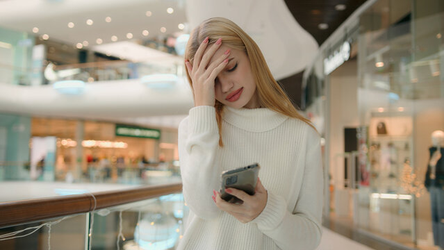 Sad Caucasian Puzzled Anxious Female Businesswoman 25s Woman Has Problem With Smartphone Receive Bad Message On Mobile Phone Low Public Internet Connection Upset Dissatisfied Girl Lady Express Despair