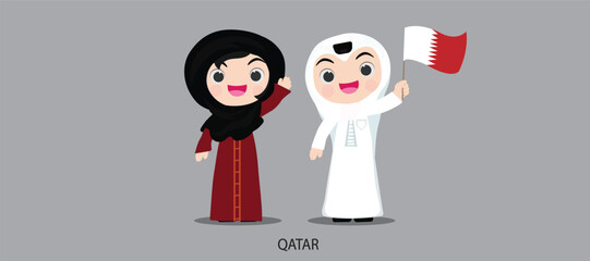 national dress with a flag. Man and woman in traditional costume. Travel to Qatar. People. Vector flat illustration.