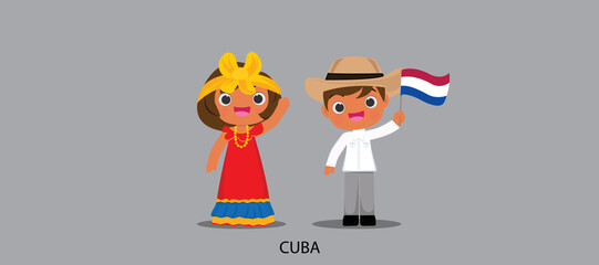 Naklejka premium national dress with a flag. Man and woman in traditional costume. Travel to Cuba. People. Vector flat illustration.