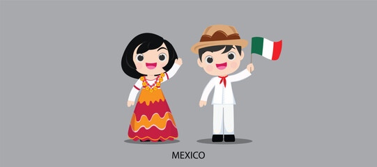 national dress with a flag. Man and woman in traditional costume. Travel to Mexico. People. Vector flat illustration.