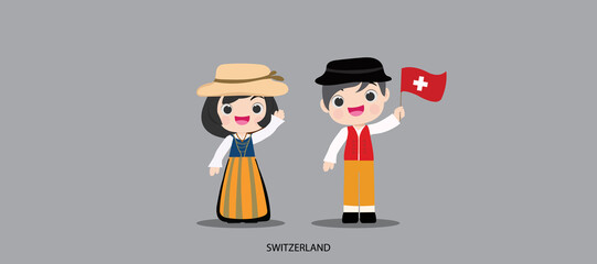 national dress with a flag. Man and woman in traditional costume. Travel to Switzerland. People. Vector flat illustration.
