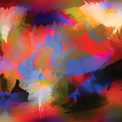 Messy, colorful, artistic paint brush strokes on canvas; colorful background