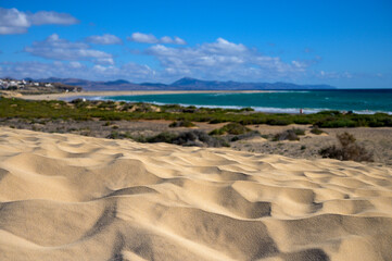 Sandy dunes and turquoise water of Sotavento beach, Costa Calma, Fuerteventura, Canary islands, Spain