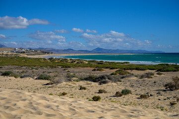Sandy dunes and turquoise water of Sotavento beach, Costa Calma, Fuerteventura, Canary islands, Spain