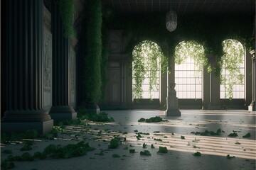 Abandoned palace castle overgrown with vegetation, ivy and vines. AI