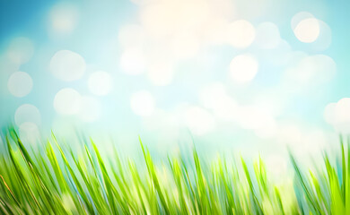 Fototapeta na wymiar A spring background of blue and green, blurred foilage and sky with bright bokeh. Generative AI.