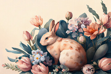 Vintage watercolor painting of rabbit as illustration of Easter bunny hiding egg in flowers for egg hunt generative AI art	
