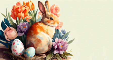 Watercolor painting of rabbit banner with copy space as illustration of Easter bunny hiding eggs in flowers for egg hunt generative AI art	