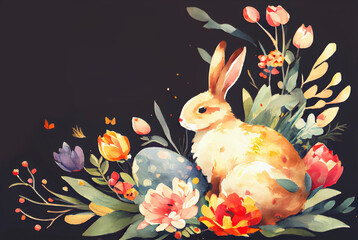 Painting of rabbit in floral corner vignette with copy space as illustration of Easter bunny with painted eggs generative AI art	
