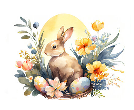 Watercolor painting of Easter theme as illustration of Easter bunny in nest with eggs and field flowers vignette as rabbit generative AI art	
