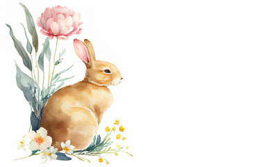 Watercolor painting of rabbit floral corner vignette on copy space banner as illustration of Easter bunny with peony flower generative AI art - 577745310