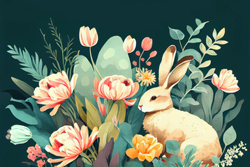 Painting of rabbit in peony flowers as card illustration of Easter bunny on green background generative AI art	
