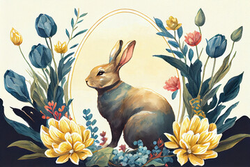 Vintage painting Easter card design as illustration of Easter bunny in flowers vignette as rabbit generative AI art	
