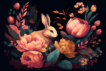 Painting of rabbit in peony flowers as vintage style card illustration of Easter bunny on black background generative AI art	
