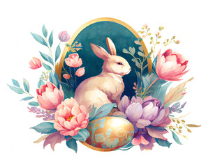 Watercolor painting of Easter theme as illustration of Easter bunny with eggs and peony garden flowers vignette as rabbit generative AI art	
