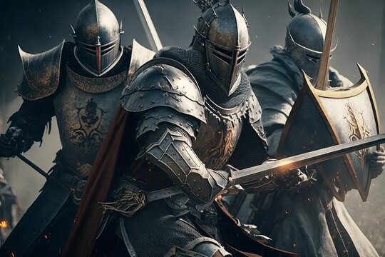 Armies of Medieval Knights Fighting with Swords, medieval knight in armor and shield. Generative AI