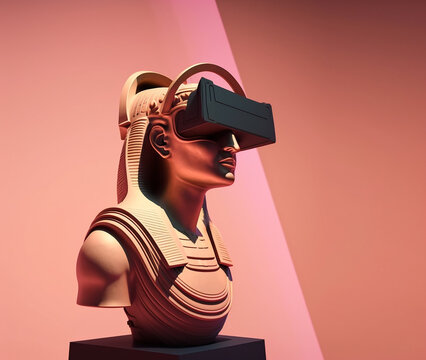 Ancient egyptian statue with VR headset and experiencing virtual reality simulation, metaverse and fantasy world.