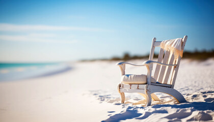 Enjoy the perfect summer day with a comfortable beach chair on a white sandy beach with a breathtaking view of the blue ocean.  -- Perfect Holyday destination for summer Generative AI.	