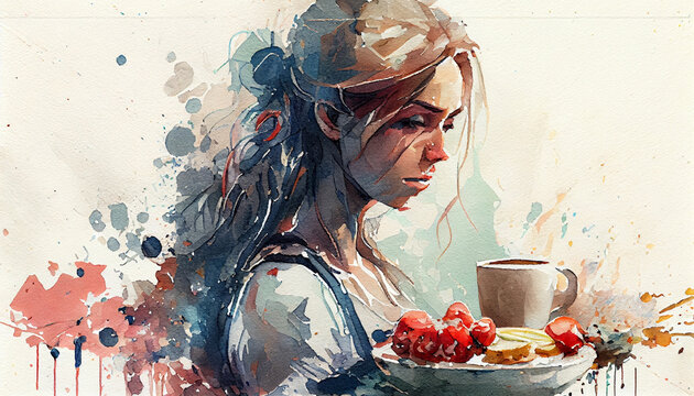 A girl suffering from a lack of appetite disorder sits indifferently at a table with food, watercolor style, generated by ai