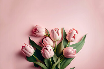 Pink tulips over pastel pink color background with copy space. 8th March Women's Day. Mother's day. Generative AI.