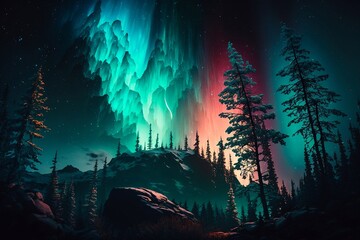 Fototapeta na wymiar Winter forest at at night under the northern lights. Generative AI