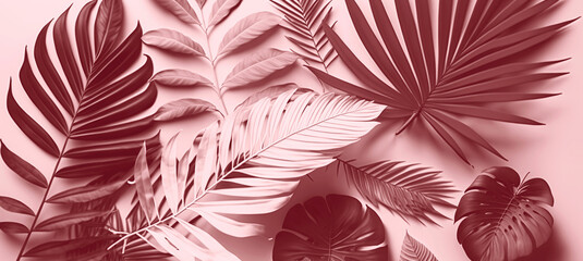 Banner of tropical leaves on pink rose tones. Minimal and creative background with copy space. Generative AI. 