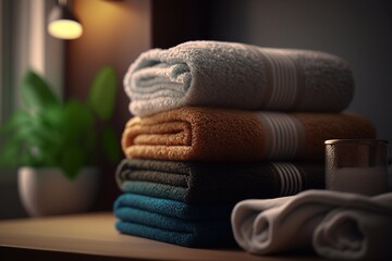 Obraz na płótnie Canvas Fresh towels on wooden table in bathroom. Generative AI