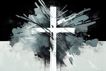 White christian cross black ink on paper texture. Religion illustration design. Generative AI.