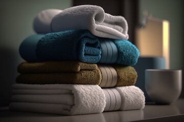 Obraz na płótnie Canvas Spa relax and bath concept, stack clean bath towels colorful cotton terry textile in bathroom. Generative AI