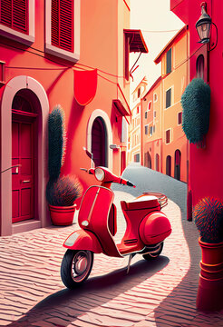 Beautiful illustration of a red italian scooter on a pastel color street. Generative AI. 