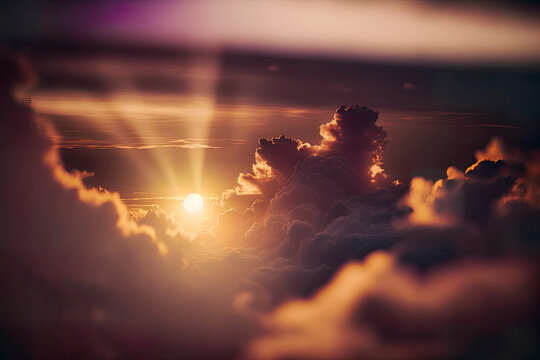 Beautiful sunset in the clouds. Religious background. Sunrise with clouds. Heavenly photo concept. Generative AI.