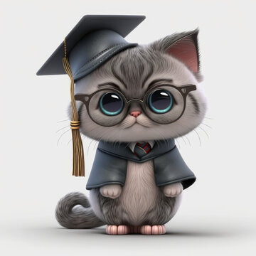 Cute smiling cat with glasses, hat and graduation gown. Generative AI