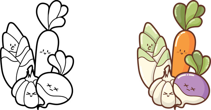 "Set of happy and funny vegetables"  outlines, contours - nice design for logo, patch, stickers, icon, illustration for coloring books, kawaii and cute veggies collection