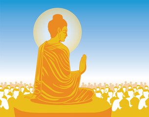 beautiful Vector of Lord of Buddha Enlightenment mediating sitting with crowd of monk on the rock for Makha, Visakha, Asarnha Bucha, Visak and buddhist lent day asian religion holiday retro style