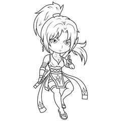 A line drawing of a ninja girl with a sword in her hand