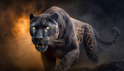 The Power of the Panther, An Angry Wildcat with Fire and Smoke, Apex Predator, Generative AI