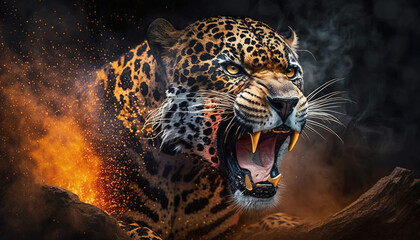 The Majesty of the Beast: An Angry Jaguar with Fire and Smoke, Apex Predator, Generative AI - obrazy, fototapety, plakaty