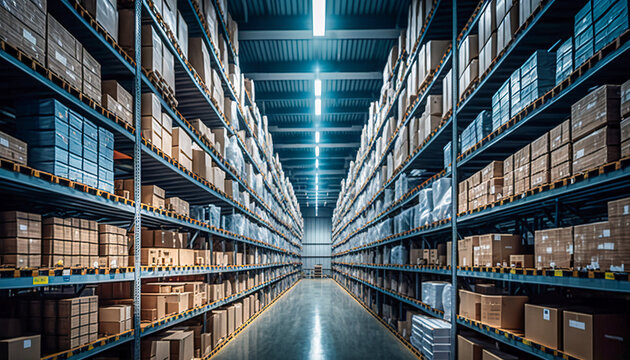 Seamless Logistics, A Warehouse Distribution Center, Long Shelves With Boxes, Generative AI