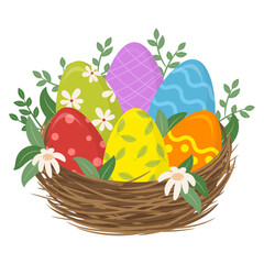 Easter Eggs in Nest Vector Spring Illustration.
