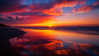Fototapeta premium This stunning Image captures the dramatic beauty of a sunset as the sky is mirrored in the clear waters below. -- Perfect Holyday destination for summer Generative AI. 