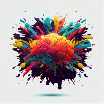Creative art brain explodes with paints with splashes on a white background. Creativity concept with a brain exploding in colors. Generative Ai