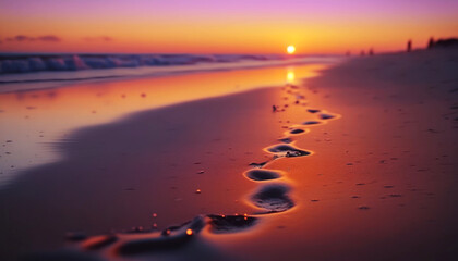  On a Beach , close-up shot of footprints in white sand leading towards the horizon at sunset-- Perfect Holyday destination for summer Generative AI.