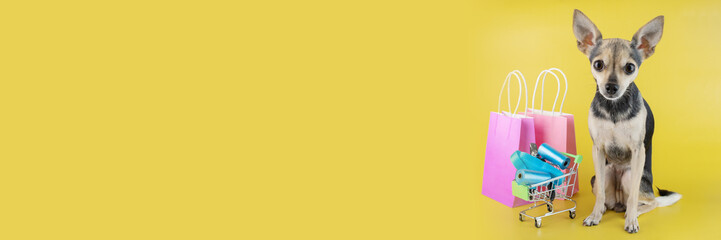 pet supermarket background, dog with a shopping cart and shopping bags, banner, dog shop, pet...