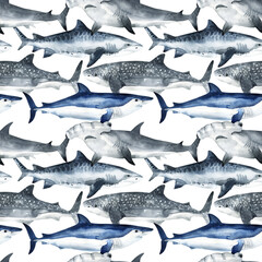 watercolor shark pattern isolated on white background.watercolor whale pattern cute ocean animal. Watercolor cute SHARK pattern. Hand painting postcard with SHARK isolated white background.