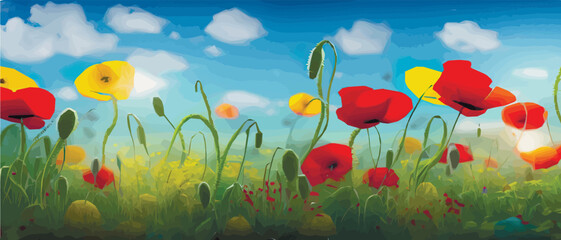 multicolored poppy flowers in bloom in the grass close up banner vector illustration on blue sky background. Spring landscape background. summer flowering plant symbol. flower landscapes illustration