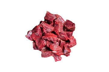 Raw Diced game meat of wild venison dear.  Isolated, transparent background