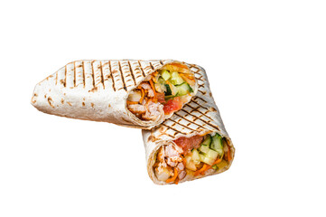 Shawarma durum doner kebab with meat and vegetable salad.  Isolated, transparent background - obrazy, fototapety, plakaty